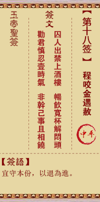 Jade Emperor Spiritual Signature 18th Sign: Cheng Biao Jin meets with amnesty in the middle level